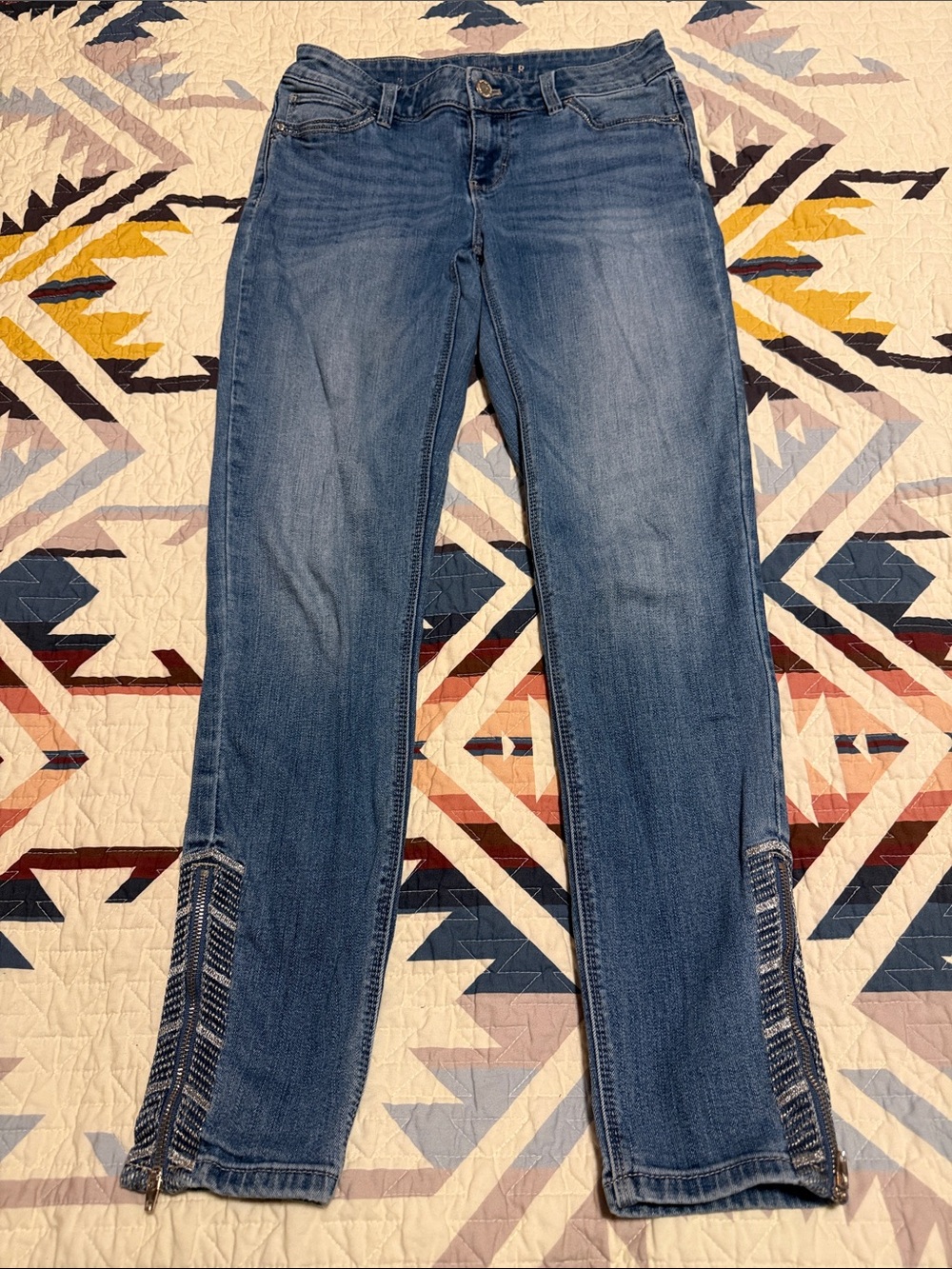 White House Black Market Indigo Skinny Jeans with Patterned Ankle Insets